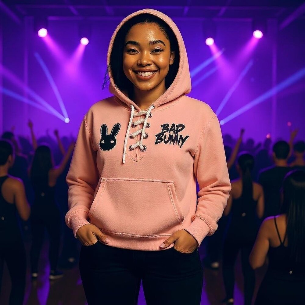 Bad Bunny Pink Hoodie Fleece Cross Tie Pockets Artist Rendition on Back Size S - Picture 1 of 3